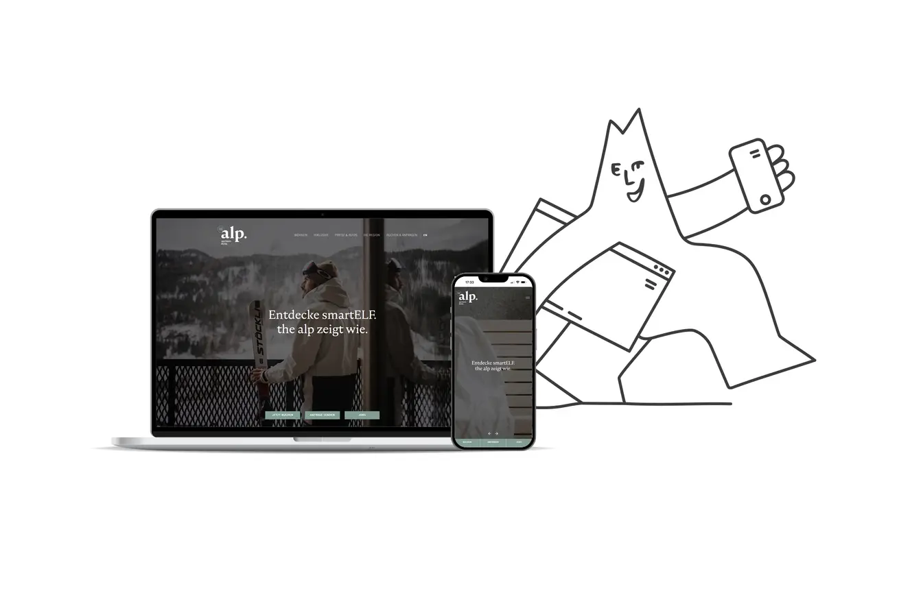 Ein Laptop und ein Smartphone zeigen dieselbe Website an, neben ihnen macht eine Cartoonfigur ein Selfie.