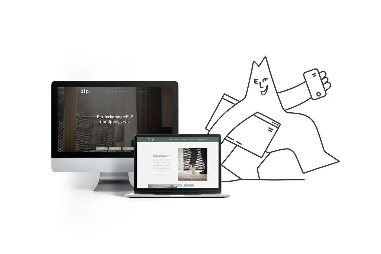 Auf einem Desktop und einem Laptop wird eine Website angezeigt, daneben eine fröhliche Strichmännchenfigur, die ein Smartphone hält.